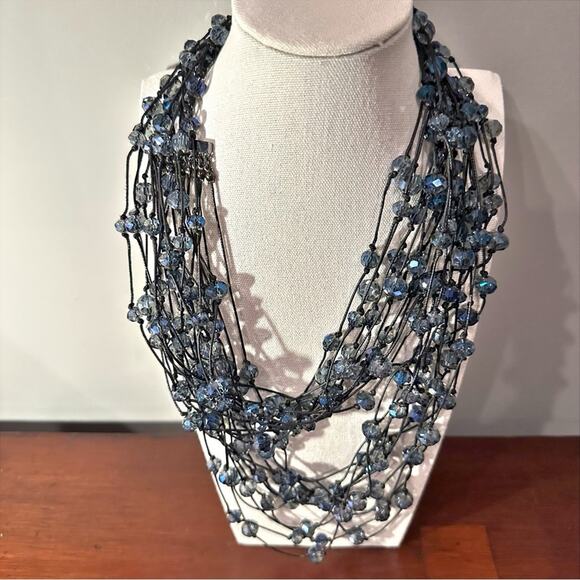 Chico’s Beaded Necklace Gray Blue Long Multi Strand Statement Beads Coastal 43" - Picture 1 of 15